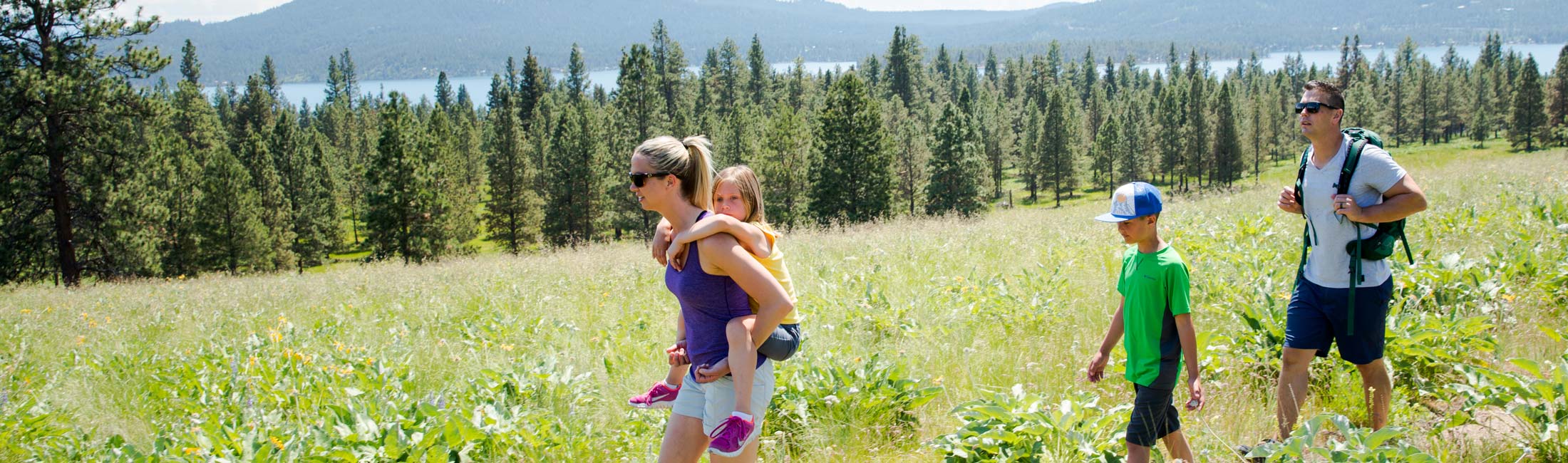 Family walking outdoors with grass, trees and mountains
