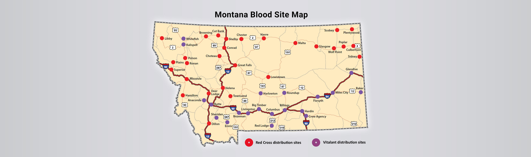 Map of Montana Blood Site showing Red Cross and Vitalant sites