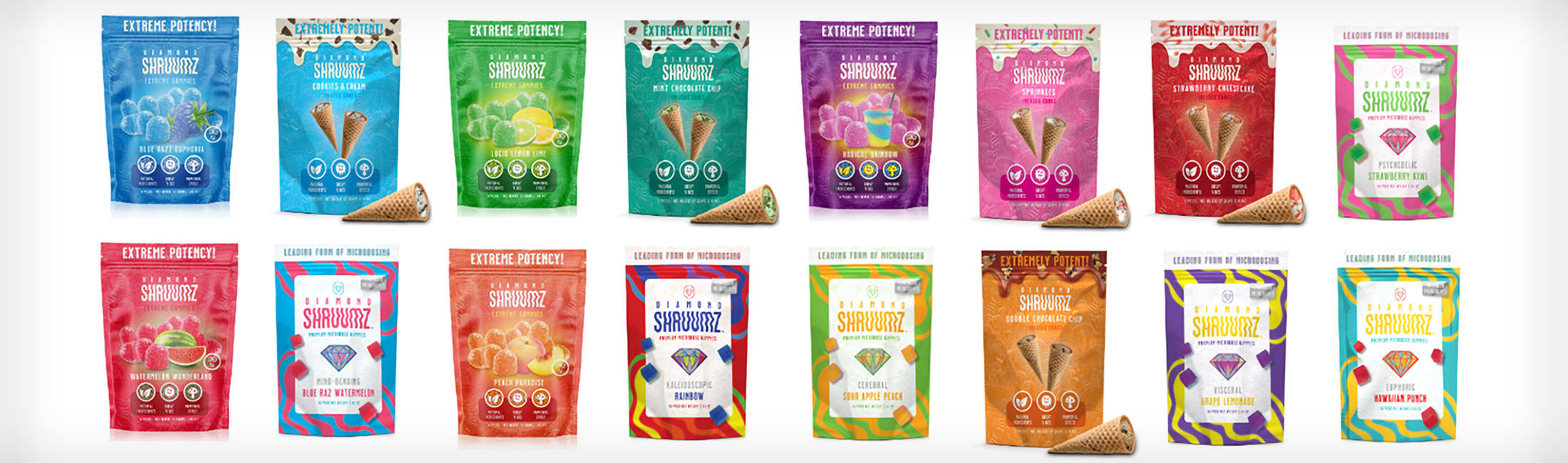Diamond Shruumz food packages in a line