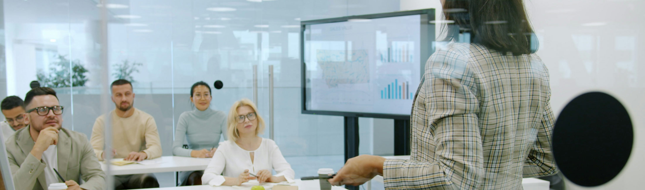 woman in glass meeting room with team