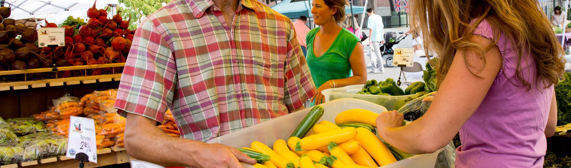woman picking squash out of a basket at farmer's market
