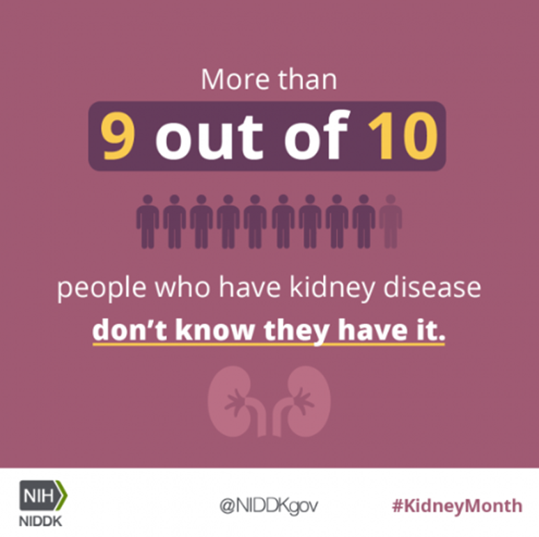 More than 9 out of 10 people who have kidney disease don't know they have it. Click here to learn more.